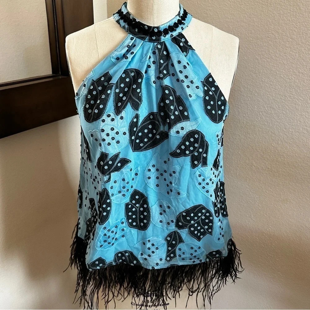 Eva Franco Appliqué Halter Top with Ostrich Feathers - Size 10